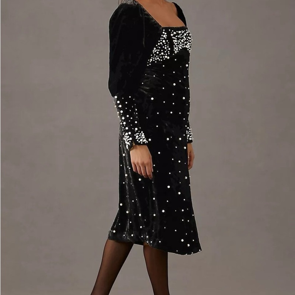 Anthropologie Black Velvet Dress with Pearl Details